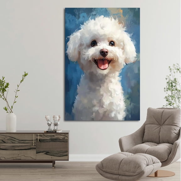 Happy White Dog Portrait Vertical Art, Cute Pet Wall Decor, Fluffy Puppy Artwork For Dog Lovers Home Home Decor, 8x12 UNFRAMED