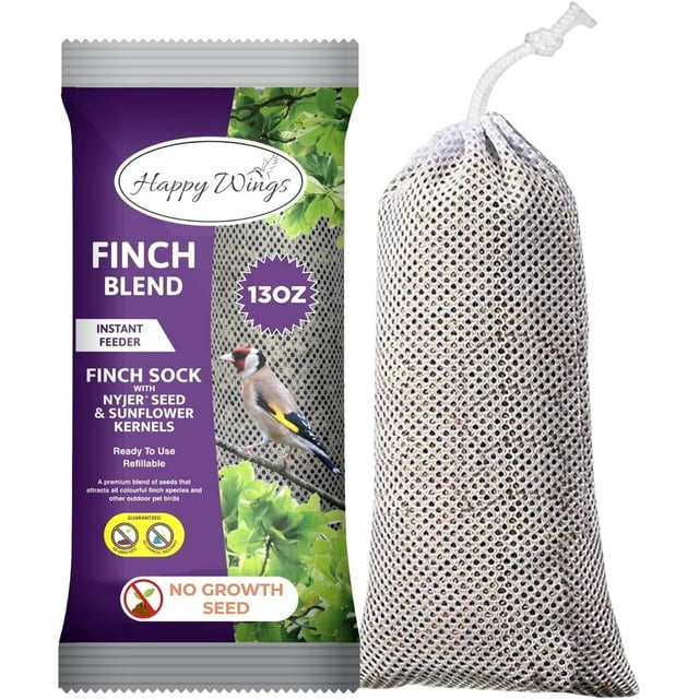 Happy Wing No Grow 13oz Prefilled Finch Blend Sock Feeder (Nyjer Seed & Sunflower Kernel Mix) - New & Dry