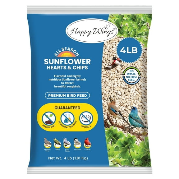 Happy Wings 4lbs No Grow Sunflower Hearts (Kernels) & Chips (Birdseed) - Food for Wild Birds - Dry