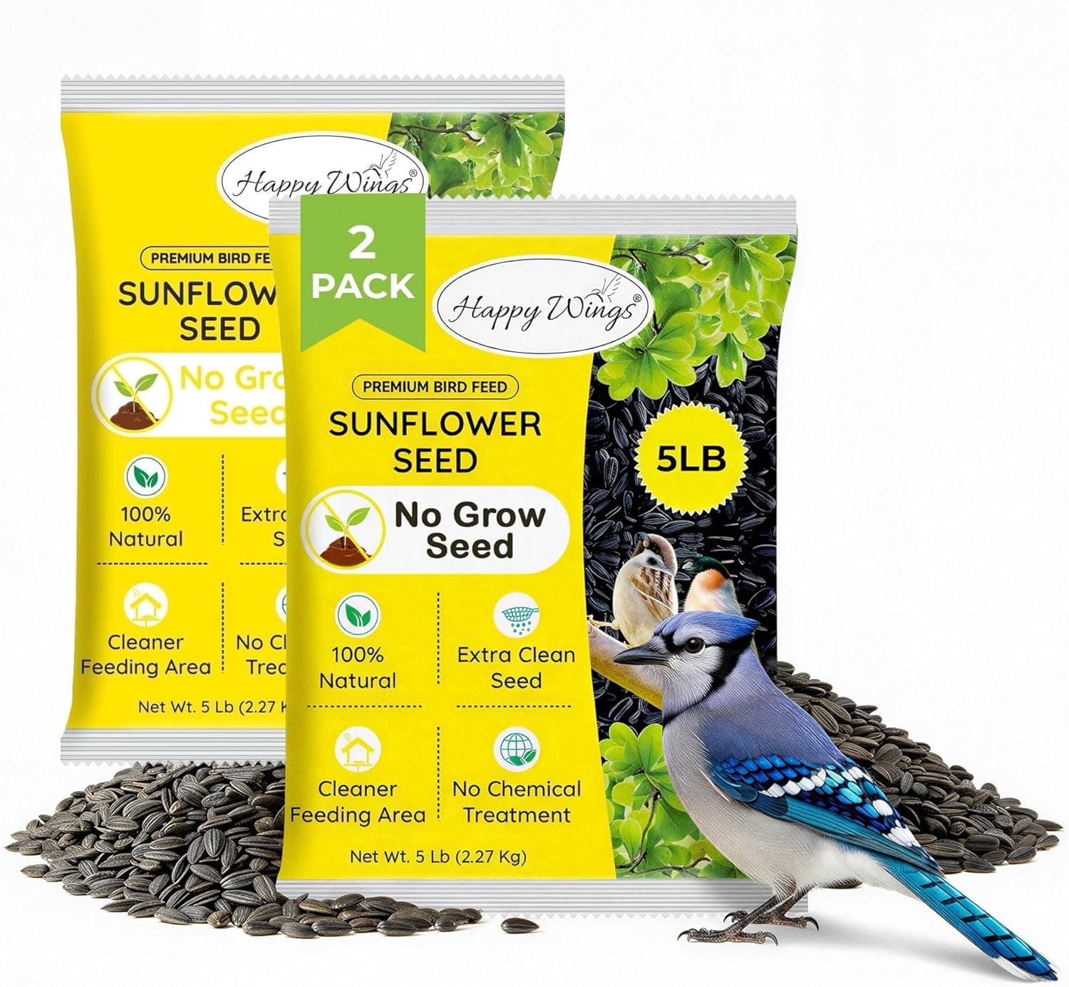Happy Wings Black Oil Sunflower Bird Food, No Growth Bird Seed, New 5 lb.(Pack of 2) Bag
