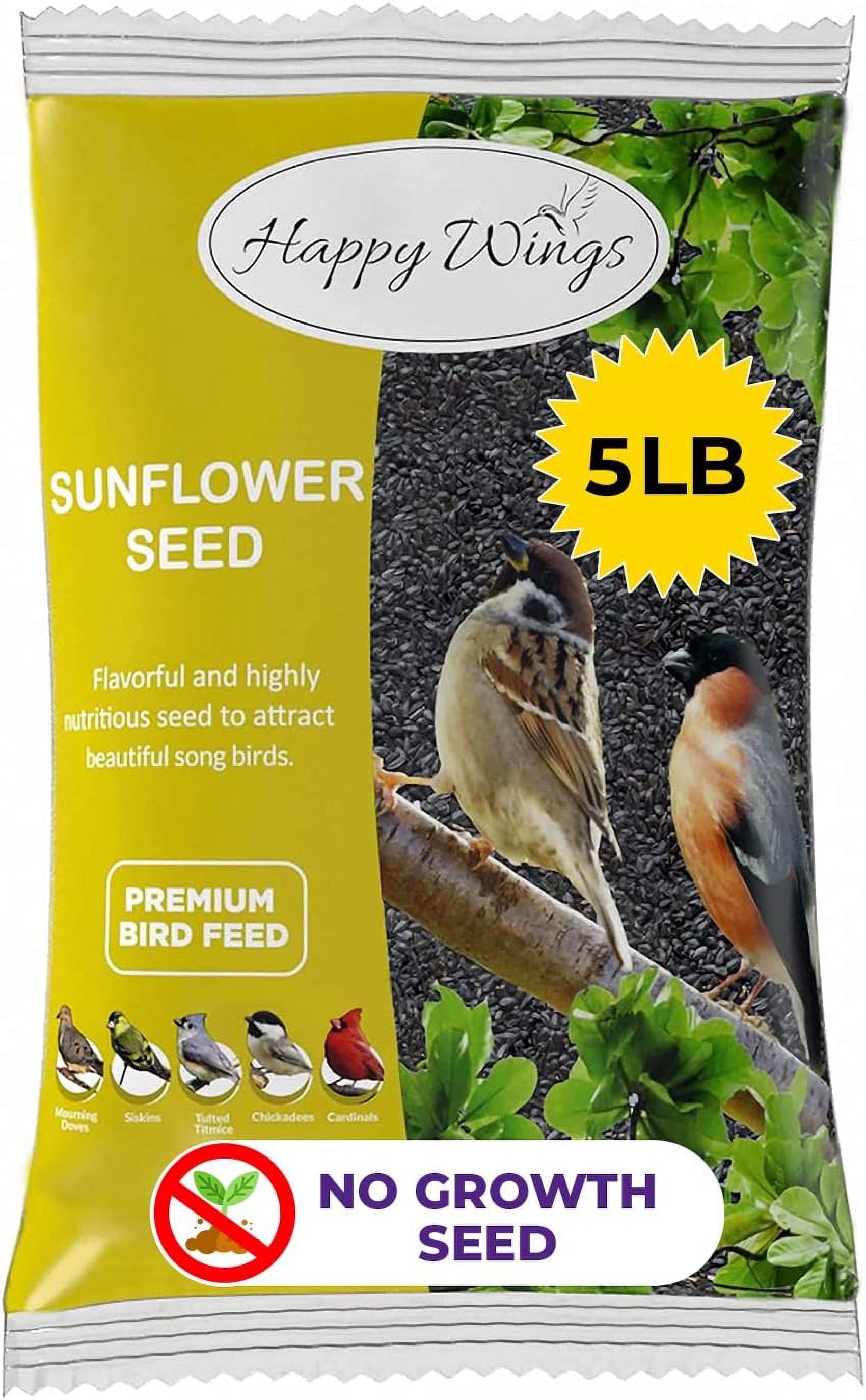 Happy Wings Black Oil Sunflower Bird Food, No Growth BirdSeed, New 5 lb. Bag