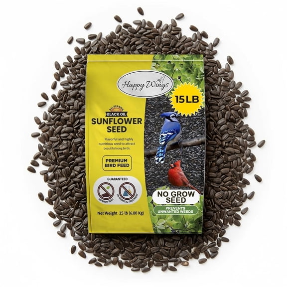 Happy Wings Black Oil Sunflower Bird Food, No Growth Seed, New 15 lb. Bag