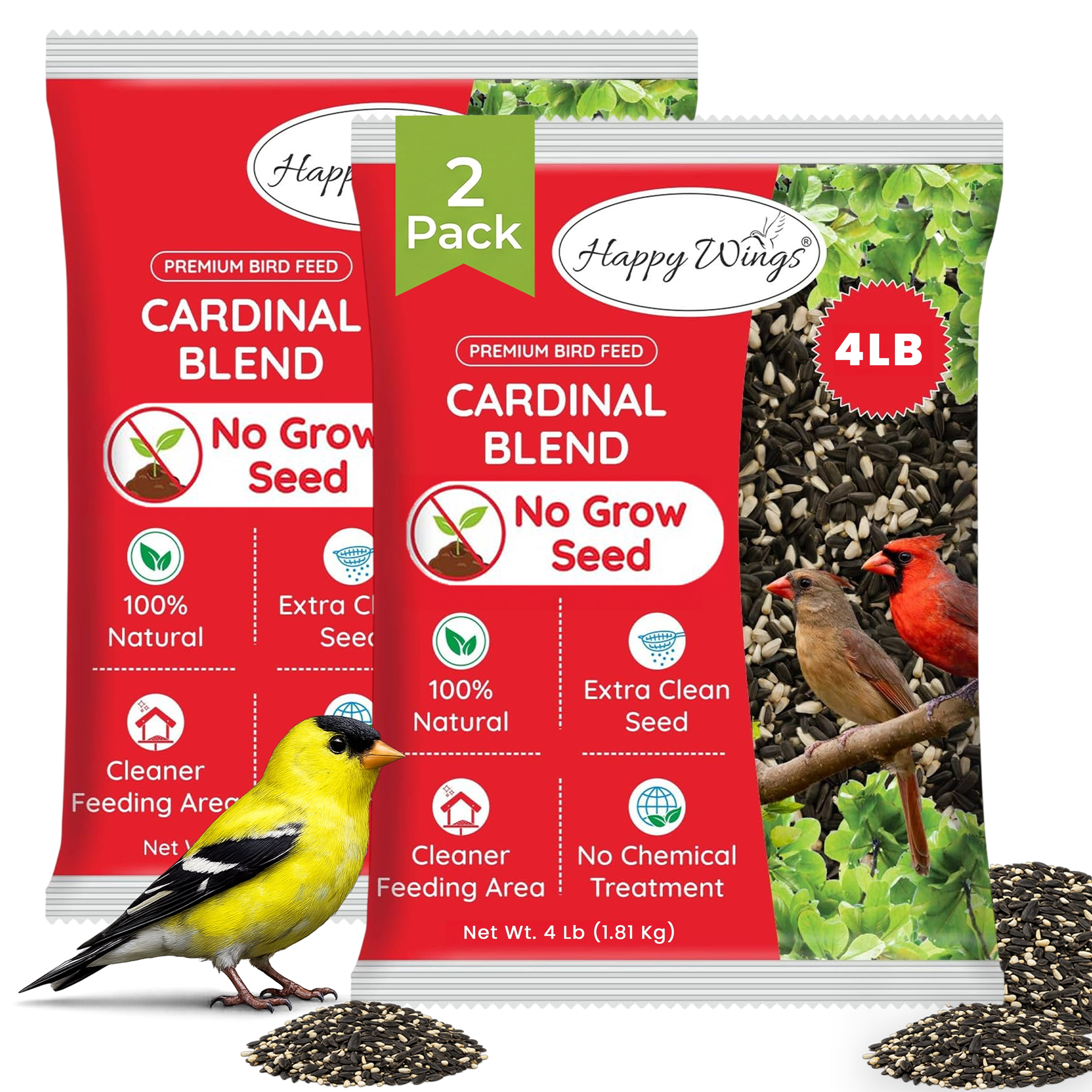 Happy Wings Cardinal Blend Bird Food, Mix of Sunflower Hearts/Kernels &Safflower Seed, 4 lb, No Grow Seed | Birdseed for Wild Birds | 2 Pack