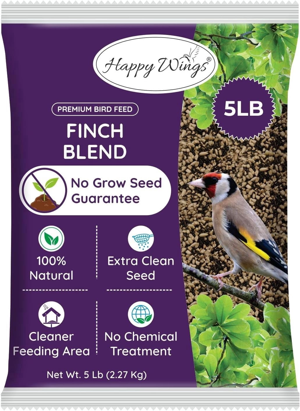 Happy Wings Finch Blend Bird Food, Mix of Sunflower Hearts/Kernels and Nyjer Seed, 5 Pounds | No Grow Seed | Bird Seed for Wild Birds