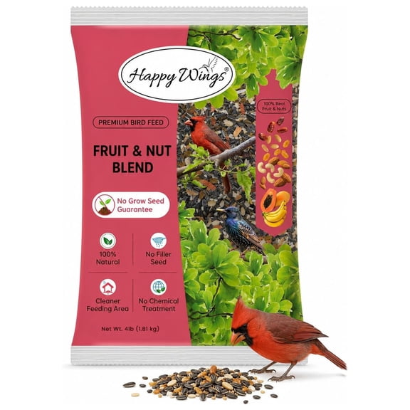 Happy Wings Nut & Fruit Blend Bird Food, Premium Blend of Sunflower Seeds, Safflower, Peanuts & Real Fruit and Nuts (4 Pounds) | No Grow | Wild Bird Seed