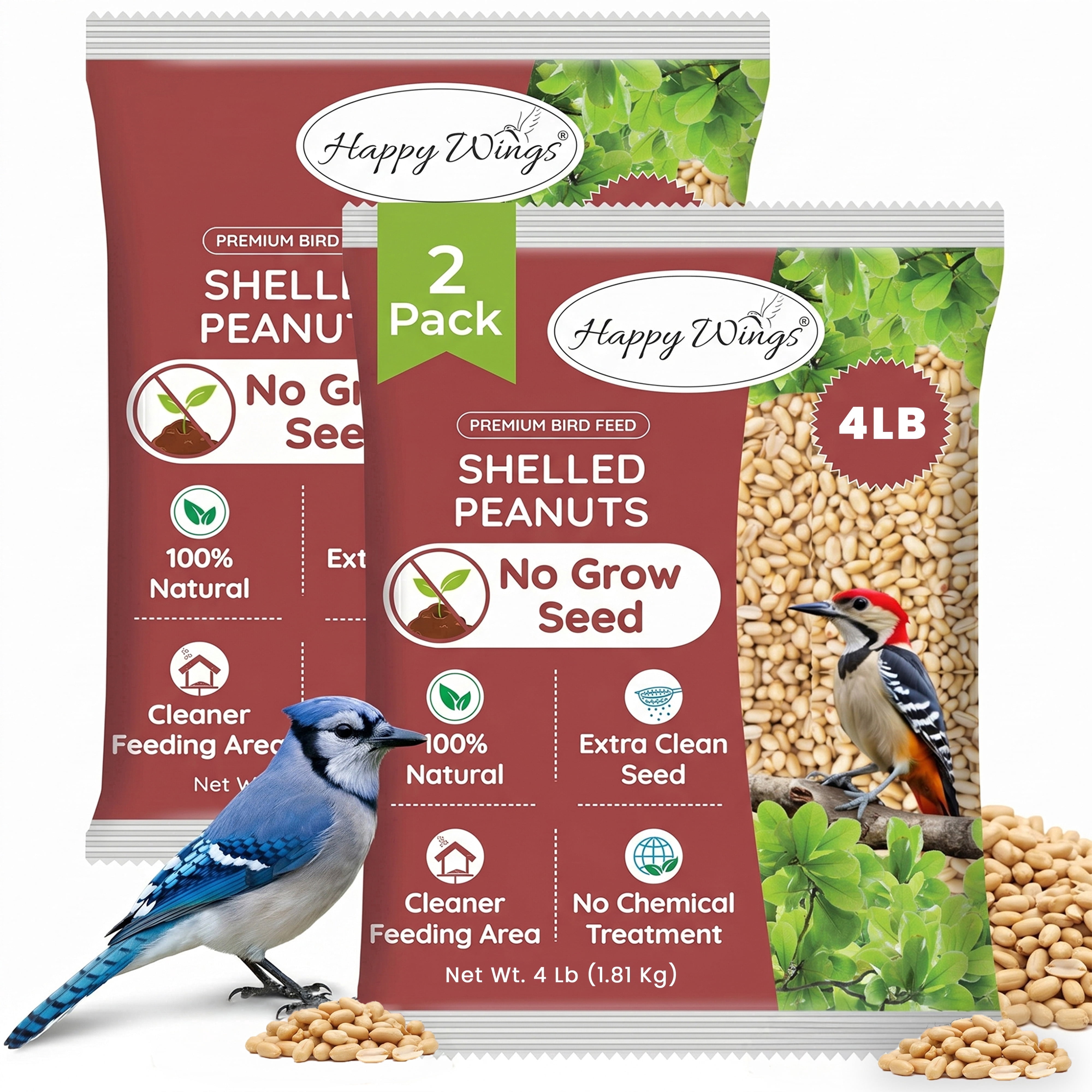 Happy Wings Shelled Peanuts Seeds Wild Bird Food - 4 Pounds I No Grow Seed I Bird seed for Wild Birds - 2 Pack