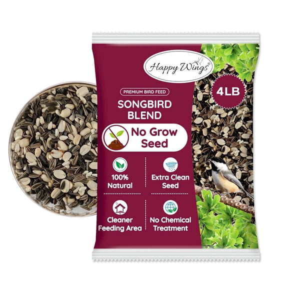 Happy Wings 4lbs No Grow Songbird Blend Wild Bird Seed I Mix of Sunflower Kernels, Safflower and Shelled Peanuts -Food for Wild Birds - Dry