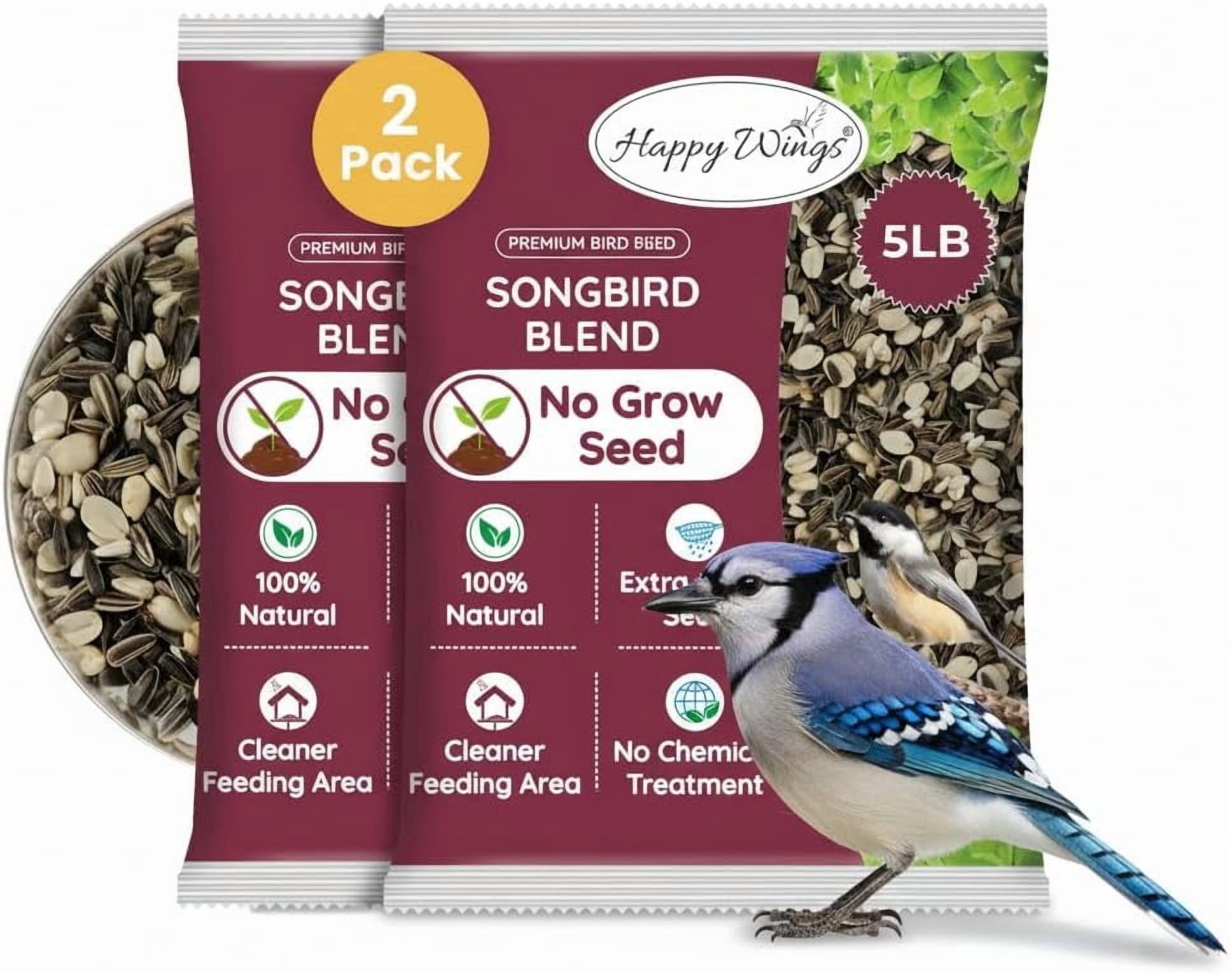 Happy Wings Songbird Blend Bird Food, Mix of Sunflower Seeds/Kernels, Safflower Seeds and Peanuts, 5 Pounds (Pack of 2)| No Grow Seed | Birdseed for Wild Birds, Dry