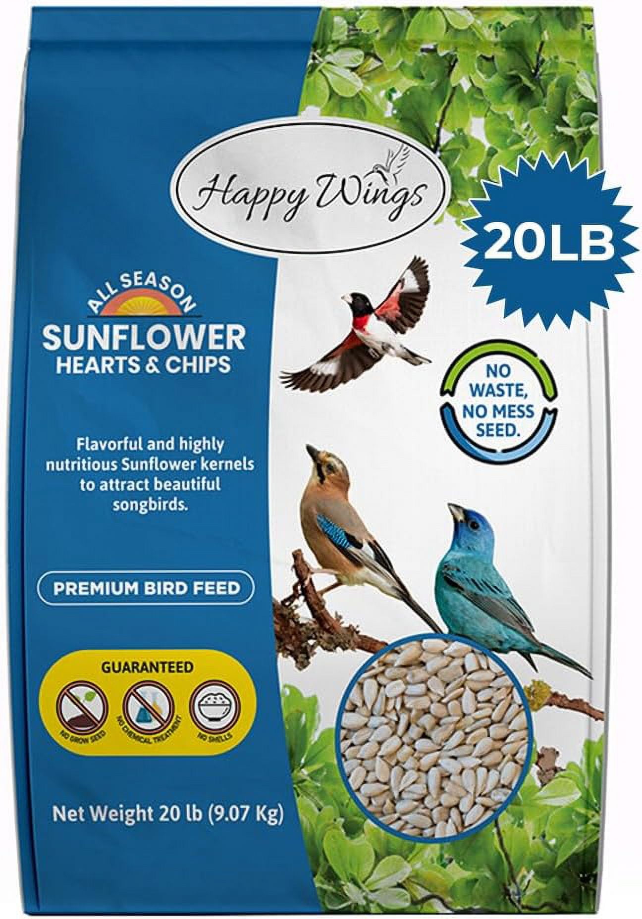 Happy Wings Sunflower Hearts & Chips Sunflower Kernels I No Waste, No Grow Bird Seed 20 lb