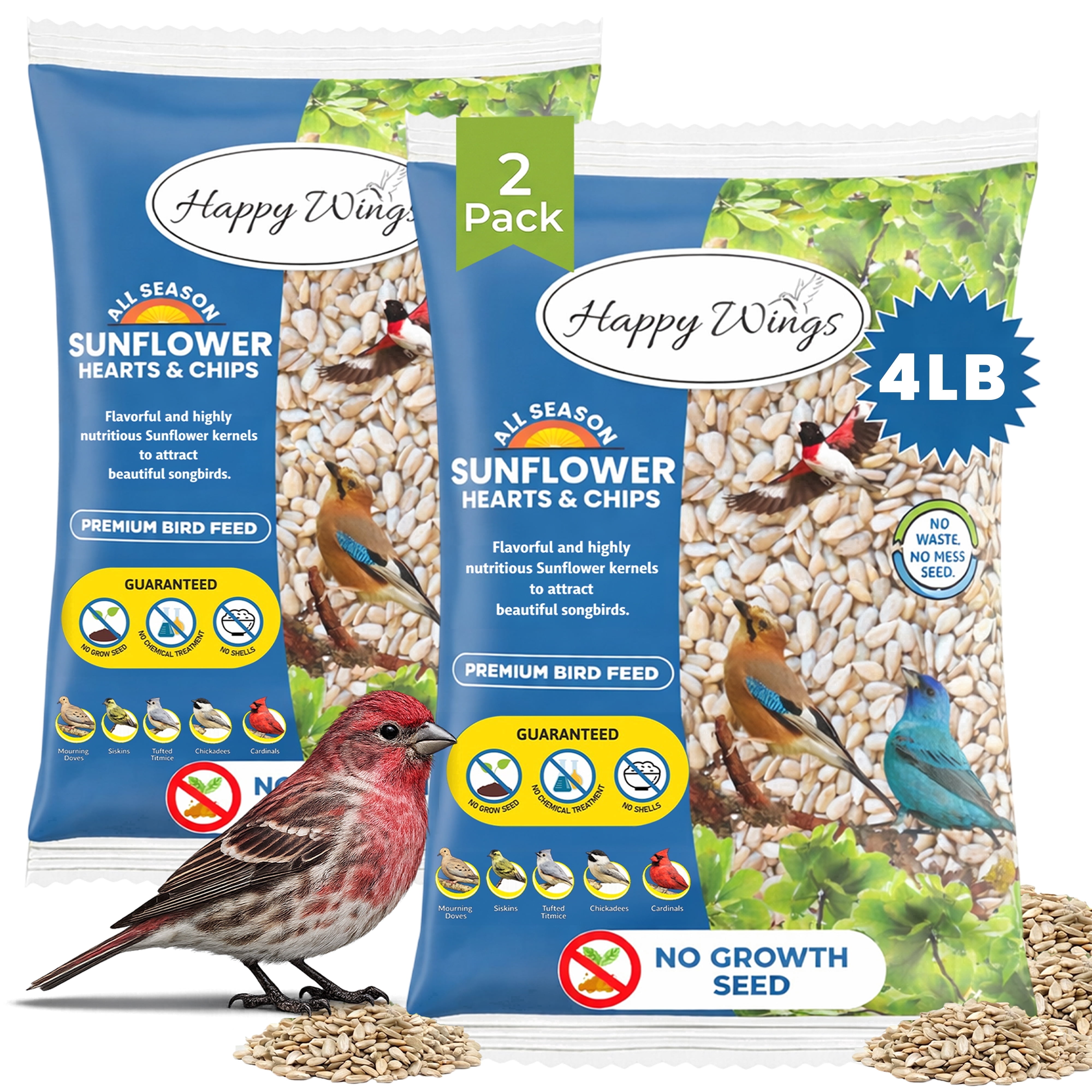 Happy Wings Sunflower Hearts & Chips, Sunflower Kernels, Wild Bird Feed and Seed, 4 lb. Bag, Dry, 2 Pack
