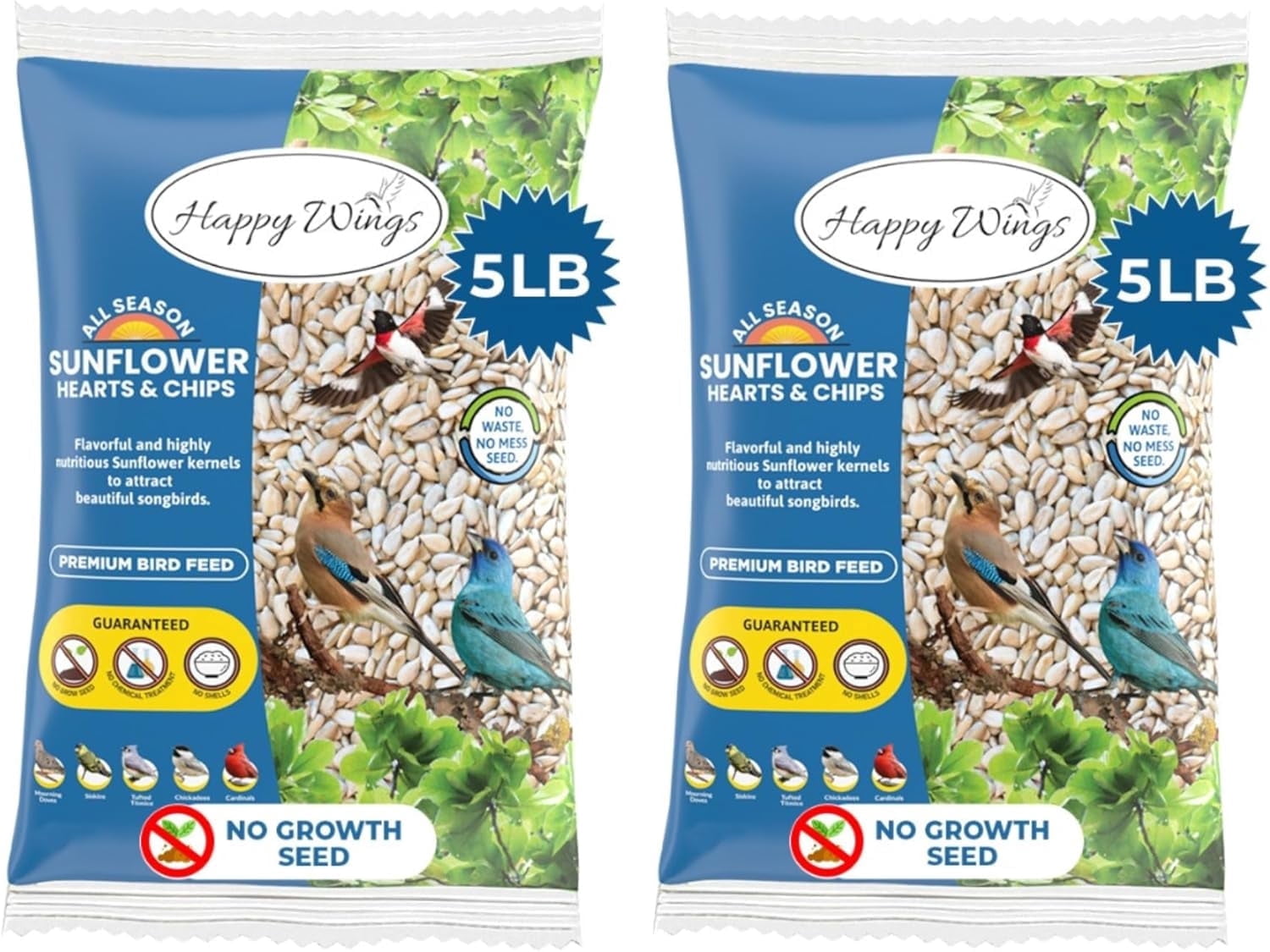 Happy Wings Sunflower Hearts & Chips, Sunflower Kernels, Wild Bird Feed and Seed, 5 lb. (Pack of 2). Bag, Dry