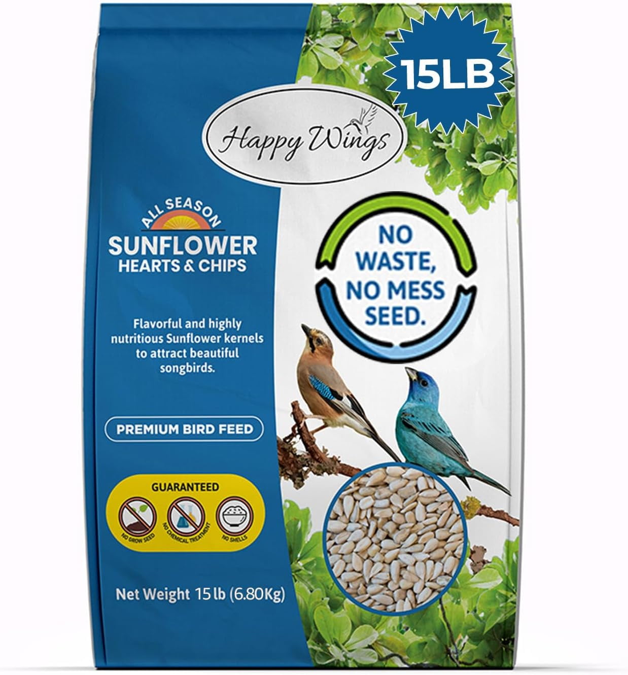 Happy Wings Sunflower Hearts (Kernels) & Chips, 15 lb., Wild Bird Food, No Grow Birdseed, New, Dry.
