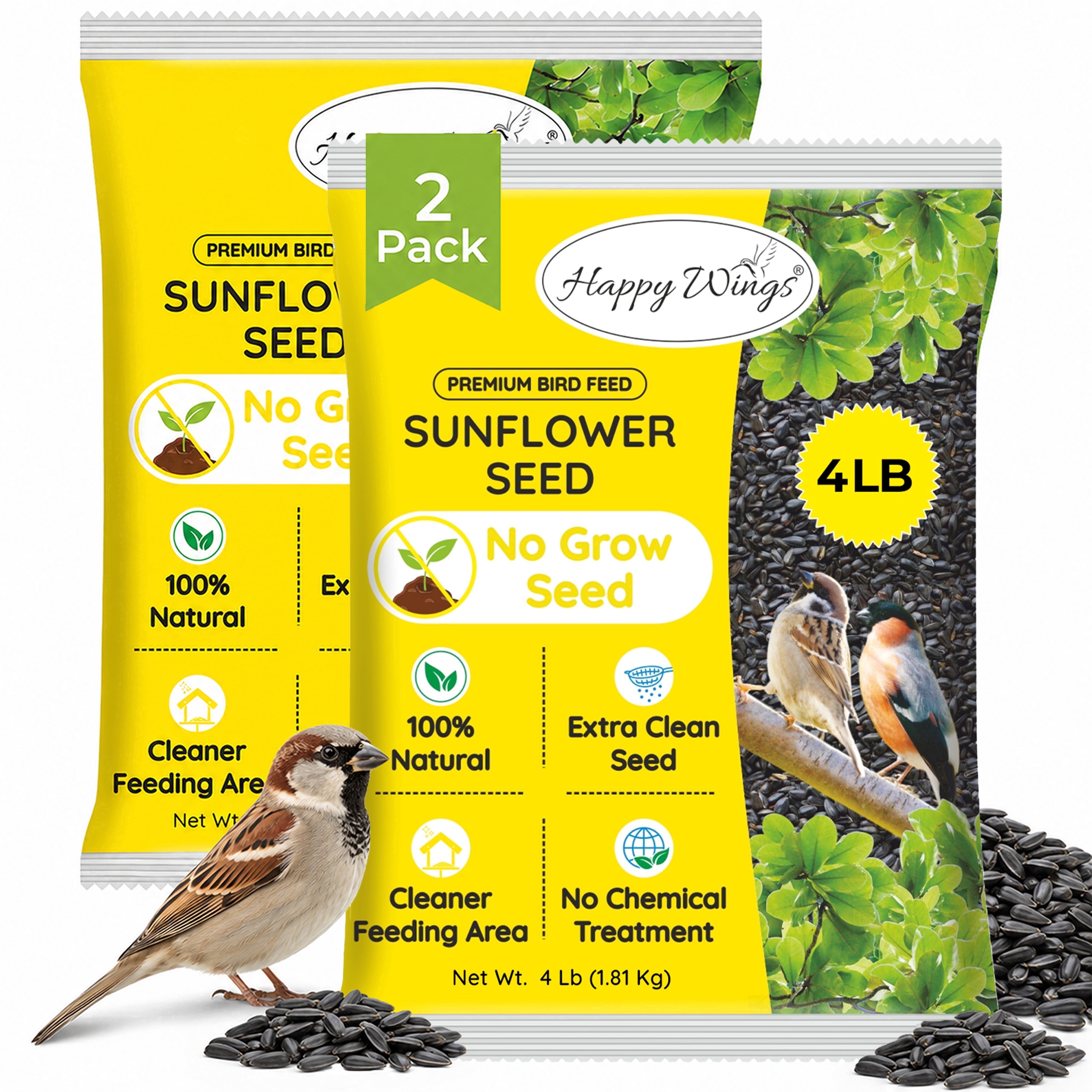 Happy Wings Sunflower Seeds 4 lb No Grow Birdseed, Wild Bird Food. Dry, New, 2 Pack