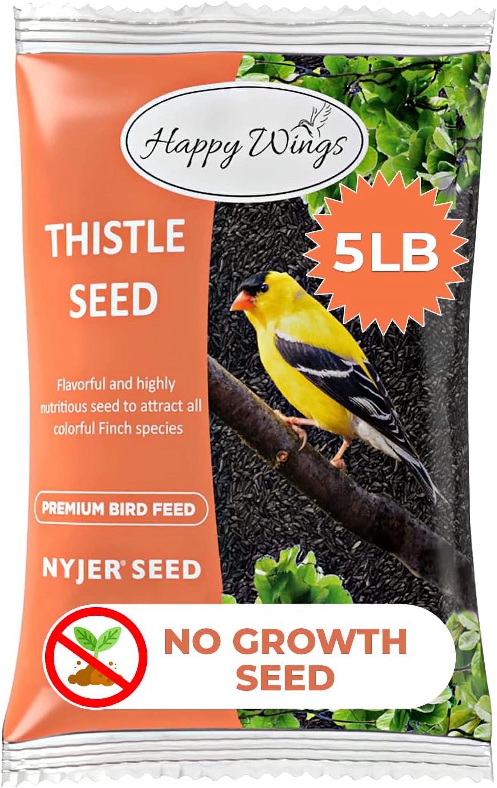 Happy Wings Thistle/Nyjer Seed Bird Food, No Growth Wild Bird Feed and Seed, Dry 5 lb. Bag