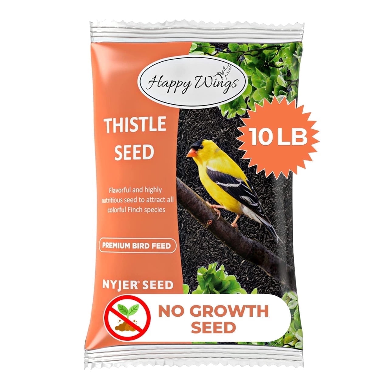 Happy Wings Thistle/Nyjer Seed, No Growth Wild Bird Feed and Seed, Dry, 10 lb. Bag