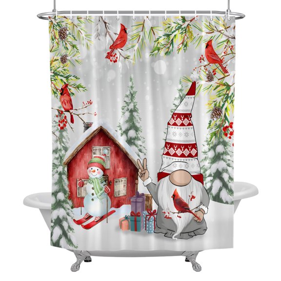 Happy Winter Barn Snowman Gnome Shower Curtain, Waterproof Fabric Bathroom Shower Curtains Set with Hooks, 72 X 72 Inch Long