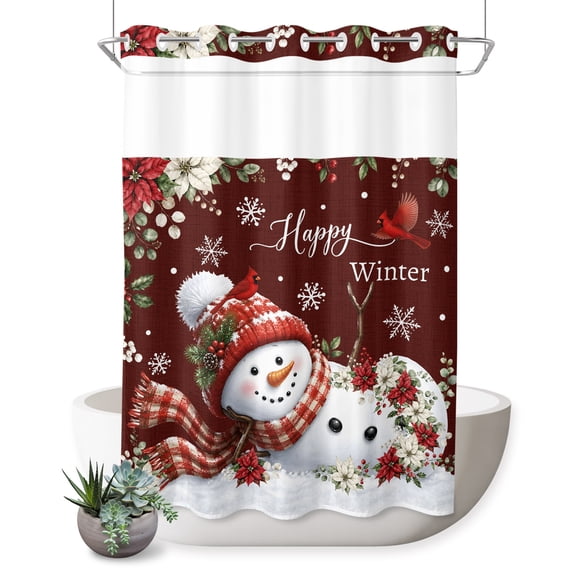 Happy Winter No Hook Shower Curtain Christmas Snowman in Red Hat Poinsettia Dark Red Shower Curtain with See Through Top Window, Waterproof Washable Fabric Curtain for Bathroom Hotel Decor, 60Wx72L