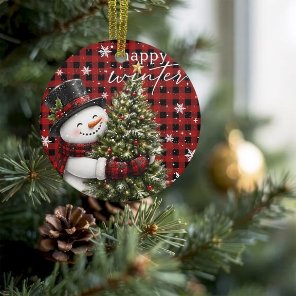 Happy Winter Snowman Christmas Tree Christmas Ceramic Ornament 2026,3" Round Xmas Tree Hanging Accessories with Gold Ribbon,Red Black Plaid Pendant Ornaments for Holiday Gift Home Party Decor