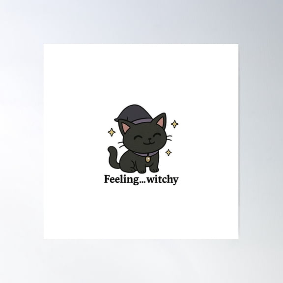 Happy Witch Cat – Feeling Witchy Chibi Familiar Poster Wall Art, Modern Wall Decor For Living Room Bedroom, 16x16 UNFRAMED