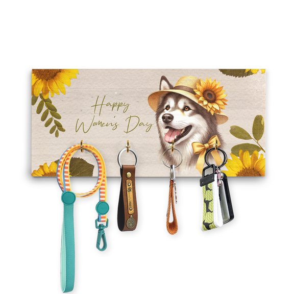 Happy Women's Day Alaskan Malamute Sunflower Vintage Proud Mom Wood Key Holder Alaska Mal Dog Lovers Gifts Wall-mounted Key Rack Home Decor - 02030