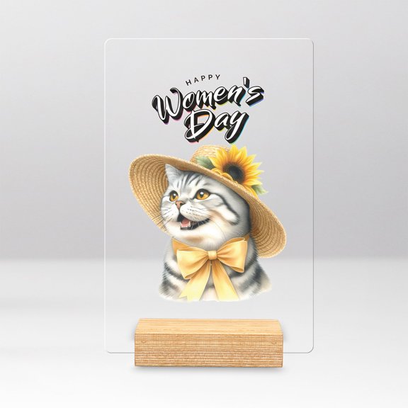 Happy Women's Day American Shorthair Sunflower Vintage Proud Mom Acrylic Plaque Sign Ashwood Base Cat Lover Kitten Owner Gifts Home Desk Decor - 02030