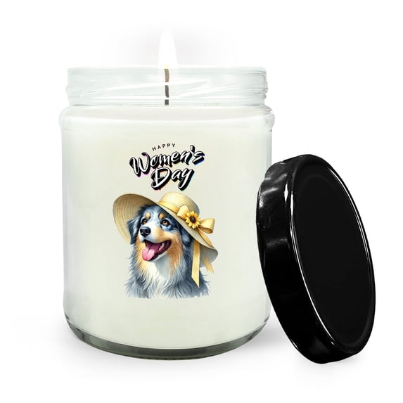 Happy Women's Day Australian Shepherd Sunflower Vintage Proud Mom Soy Wax Candle Aussie Dog Lover Gifts 16oz White Vanilla Candle - 02030