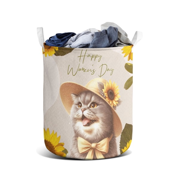 Happy Women's Day British Shorthair Sunflower Vintage Proud Mom Foldable Laundry Basket Cat Lover Kitten Owner Gifts Organizer Storage with Handles - 02030