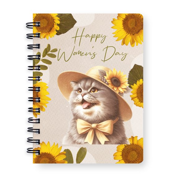 Happy Women's Day British Shorthair Sunflower Vintage Proud Mom Spiral Bound Journal Cat Lover Kitten Owner Gifts 5x7in Spiral Notebook - 02030