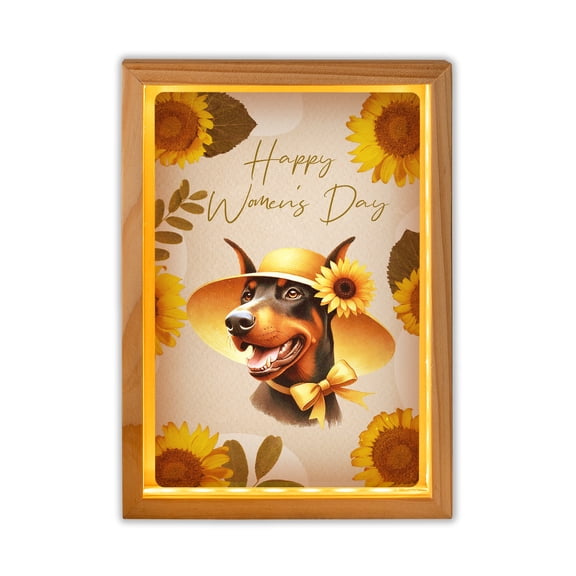 Happy Women's Day Doberman Pinscher Sunflower Vintage Proud Mom Acrylic Plaque with Wood Photo Frame Box Doberman Dog Lover Gifts Light Box - 02030