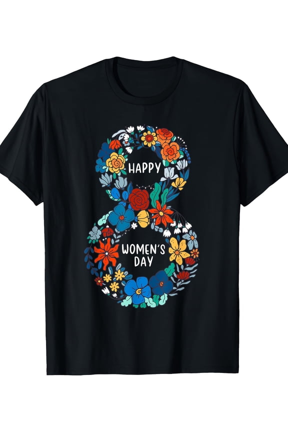 Happy Women's Day Floral Number 8 T-Shirt Retro Flower Graphic Tee for Women March 8th International Women's Day Gift Empowerment Apparel