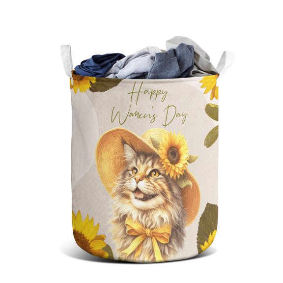 Happy Women's Day Maine Coon Sunflower Vintage Proud Mom Foldable Laundry Basket Cat Lover Kitten Owner Gifts Organizer Storage with Handles - 02030