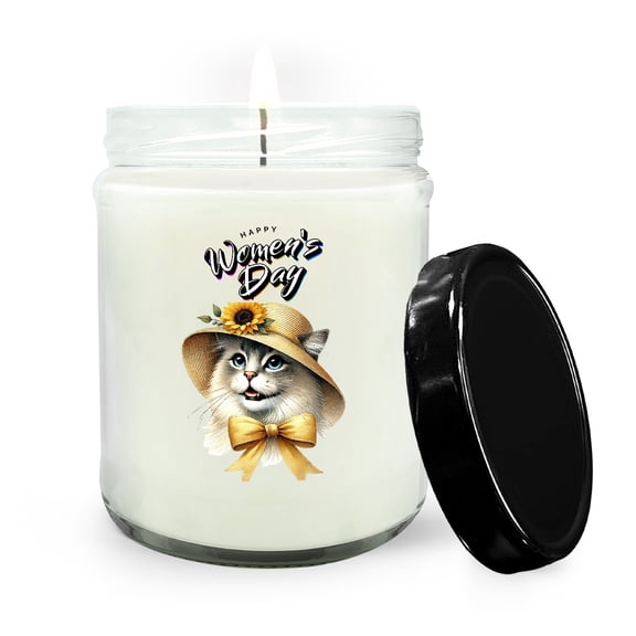 Happy Women's Day Manx Sunflower Vintage Proud Mom Soy Wax Candle Cat Lover Kitten Owner Gifts 16oz White Vanilla Candle - 02030