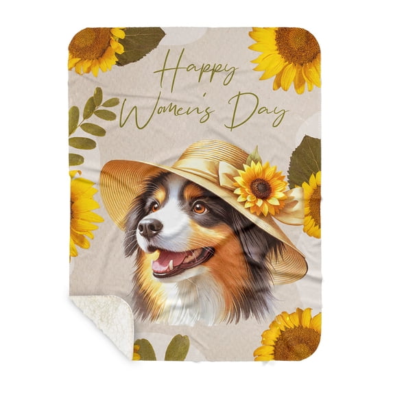 Happy Women's Day Miniature American Shepherd Sunflower Vintage Proud Mom Cozy Sherpa Blanket MAS Dog Lover Gifts Warm Soft Throw Blanket - 02030