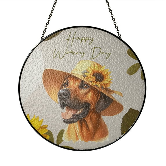 Happy Women's Day Rhodesian Ridgeback Sunflower Vintage Proud Mom Stained Glass Suncatcher Ridgebacks Dog Lover Gifts Window Hanging Sign Decor - 02030