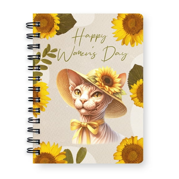 Happy Women's Day Sphynx Sunflower Vintage Proud Mom Spiral Bound Journal Cat Lover Kitten Owner Gifts Idea 5x7in Spiral Notebook - 02030