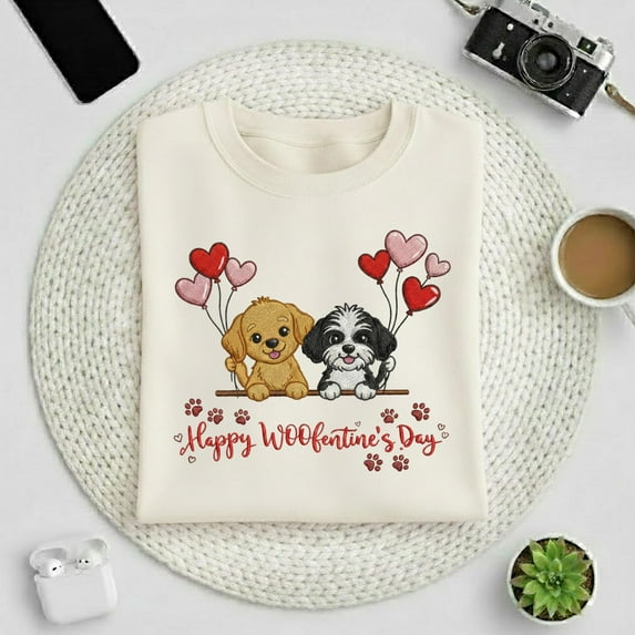 Happy Woofentine’s Day Embroidery Sweatshirt, Cute Dog Lover Valentine Embroidery Sweatshirt, Puppy Heart Balloons Sweatshirt