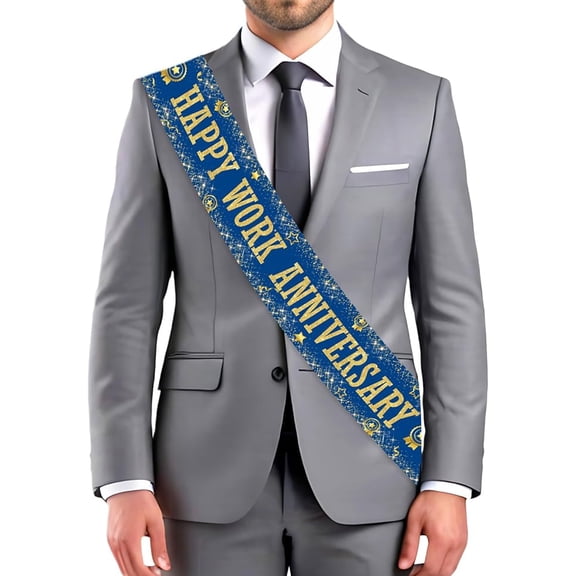 Happy Work Anniversary Decor Sash with Gold Glitter Lettering Blue Work Anniversary Favor Sash Happy Working Aniversario Office Party Yard Banner Employee Worker Appreciation Party Supply