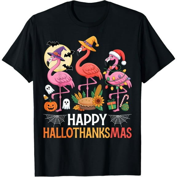 Happy Xmas Halloween Thanksgiving Flamingo T-Shirt