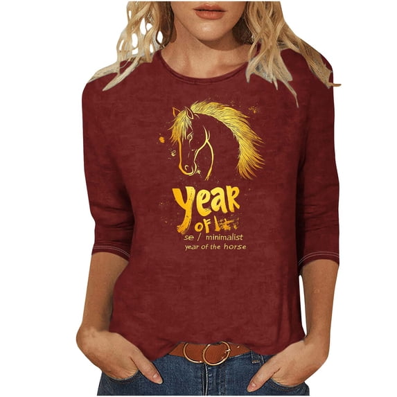 Happy Year of the Horse Shirt for Women Casual 3/4 Sleeve Round Neck Printed Graphic Tops 2026 Eve New Years Outfits