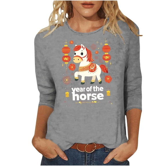 Happy Year of the Horse Shirt for Women Casual 3/4 Sleeve Round Neck Printed Graphic Tops 2026 Eve New Years Outfits