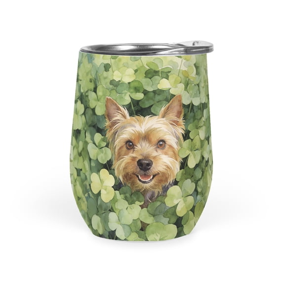 Happy Yorkshire Terrier Welcome St Patrick's Day Lucky Shamrocks Clover 12oz Stainless Steel Wine Tumbler Insulated Cup with Lid Yorkie Dog Lover Gifts - 22001