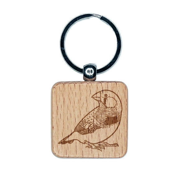 Happy Zebra Finch Bird Square Keychain Charm Tag - Engraved Wood