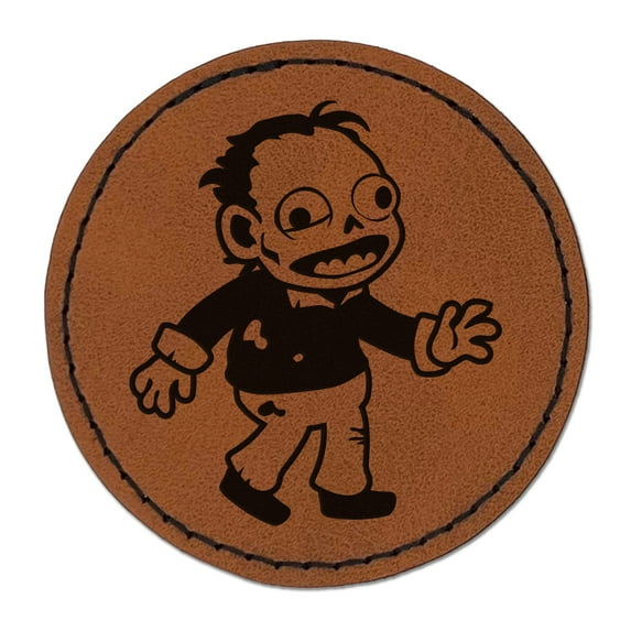 Happy Zombie Shambling Undead Monster 2.5" Faux Leather Round Engraved Iron-On Patch - Brown