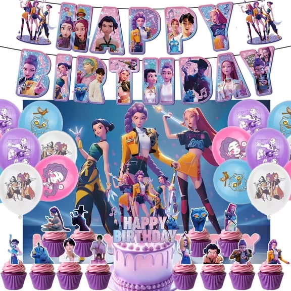 Happy birthday banner supplies decoration letter balloons pink girl's school classroom decoration, fan meeting, birthday party, etc (Style 2)with banner