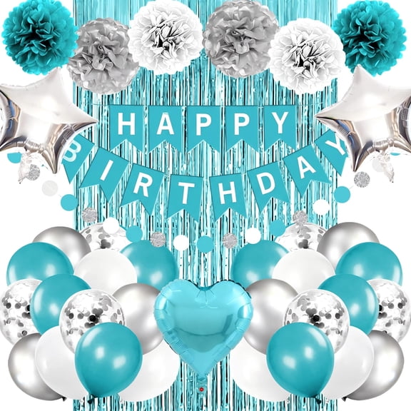 Happy birthday banner,teal turquoise aqua silver blue party decoions,foil fringe curtain,tissue pom poms,balloons,garland,supplies for birthday celebion,blue