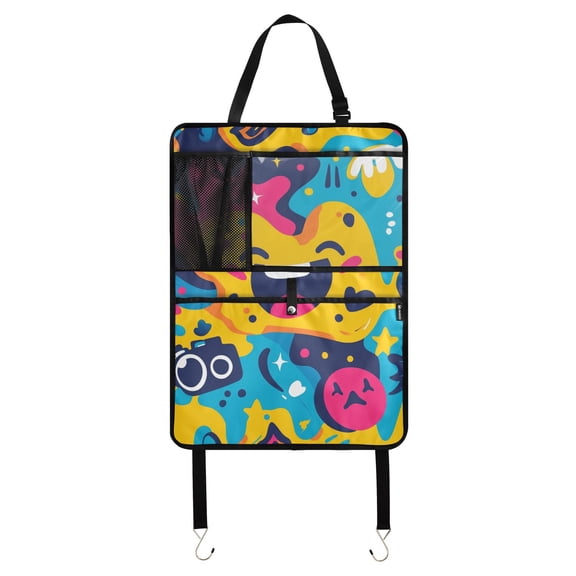 Happy colorful doodle art Kick Mats with Organizer - 59 Pack Backseat Protector Seat Covers - Universal Fit Automotive Interior Protectors