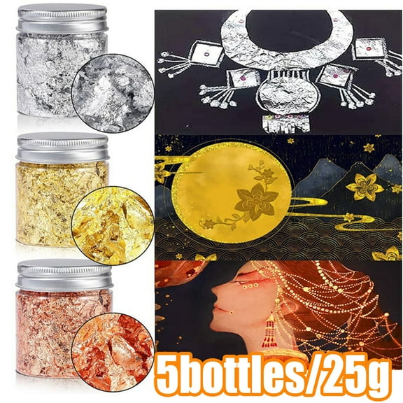 Happy date 5Bottles/25g Gold Foil Flakes for Resin, Metallic Foil Flakes,Imitation Gold Foil Flakes Metallic Leaf for Nails, Painting, Crafts,Slime and Resin Jewelry Making