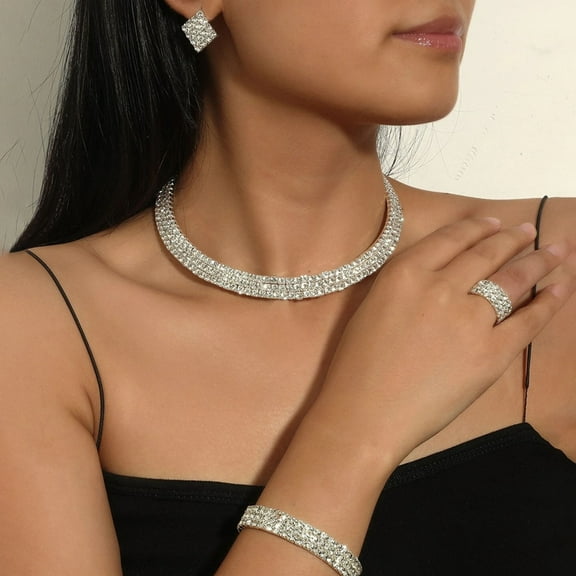 Happy date 5Pcs/Set Women Rhinestone Stretch Bracelet Bangle Crystal Rhinestone Necklace Ring Dangle Fringe Earrings