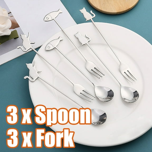 Happy date 6 Packs Stainless Steel Gold Dessert Forks and Spoons Set,Serving Flatware Set, Copper Serving Flatware Set, Cake Server,Mini Golden Coffee Spoons,Cute Fruit Salad Cake Forks