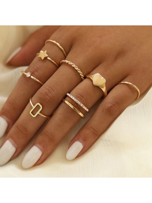 8Pcs Knuckle Stackable Rings Set for Women, Bohemian Gold/Silver Plated Comfort Fit Vintage Wave Joint Finger Rings Gift